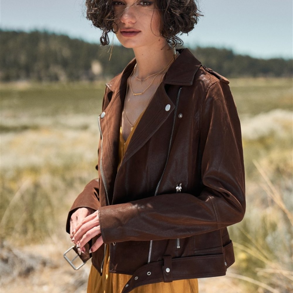 Brown Faux Suede Edgy Belted Hem Biker Jacket - Picture 3 of 4